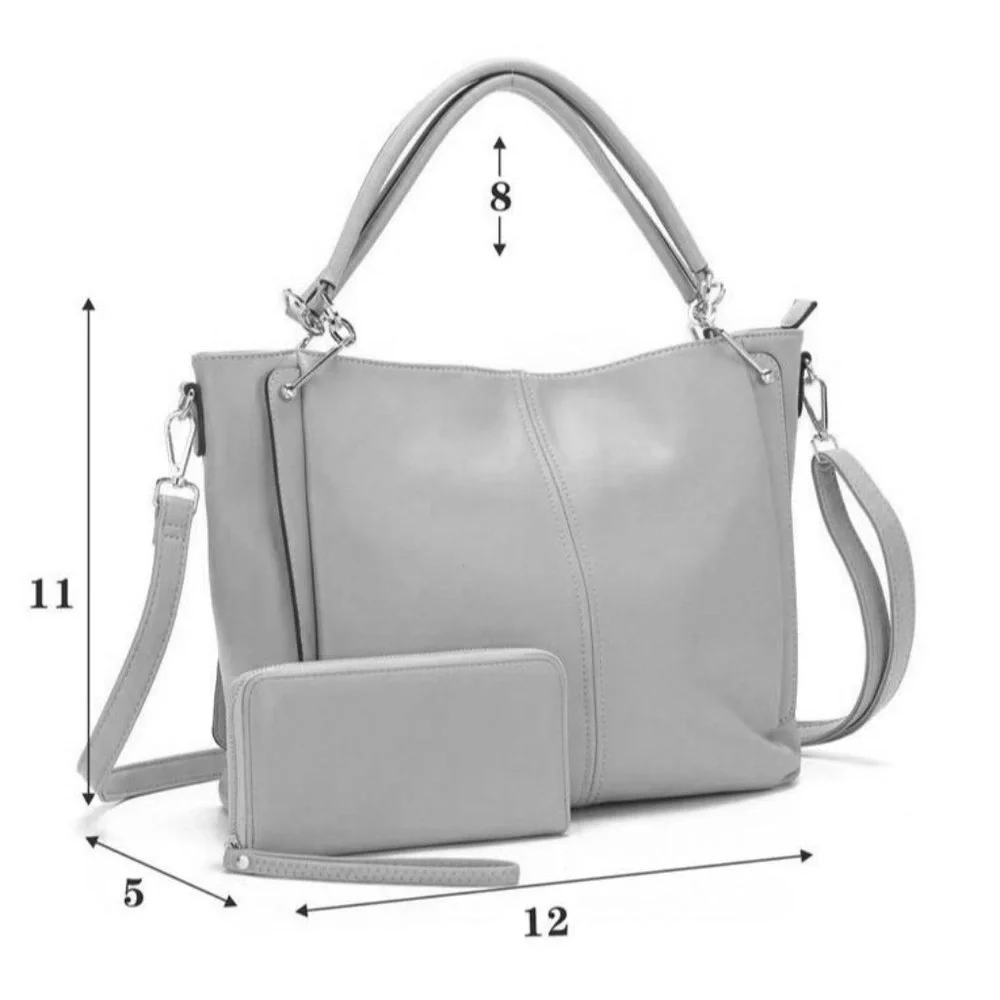 Black Faux Leather Purse and Wallet 2 in 1 Set Tote Hobo Bucket Shoulder Bag - Picture 12 of 12
